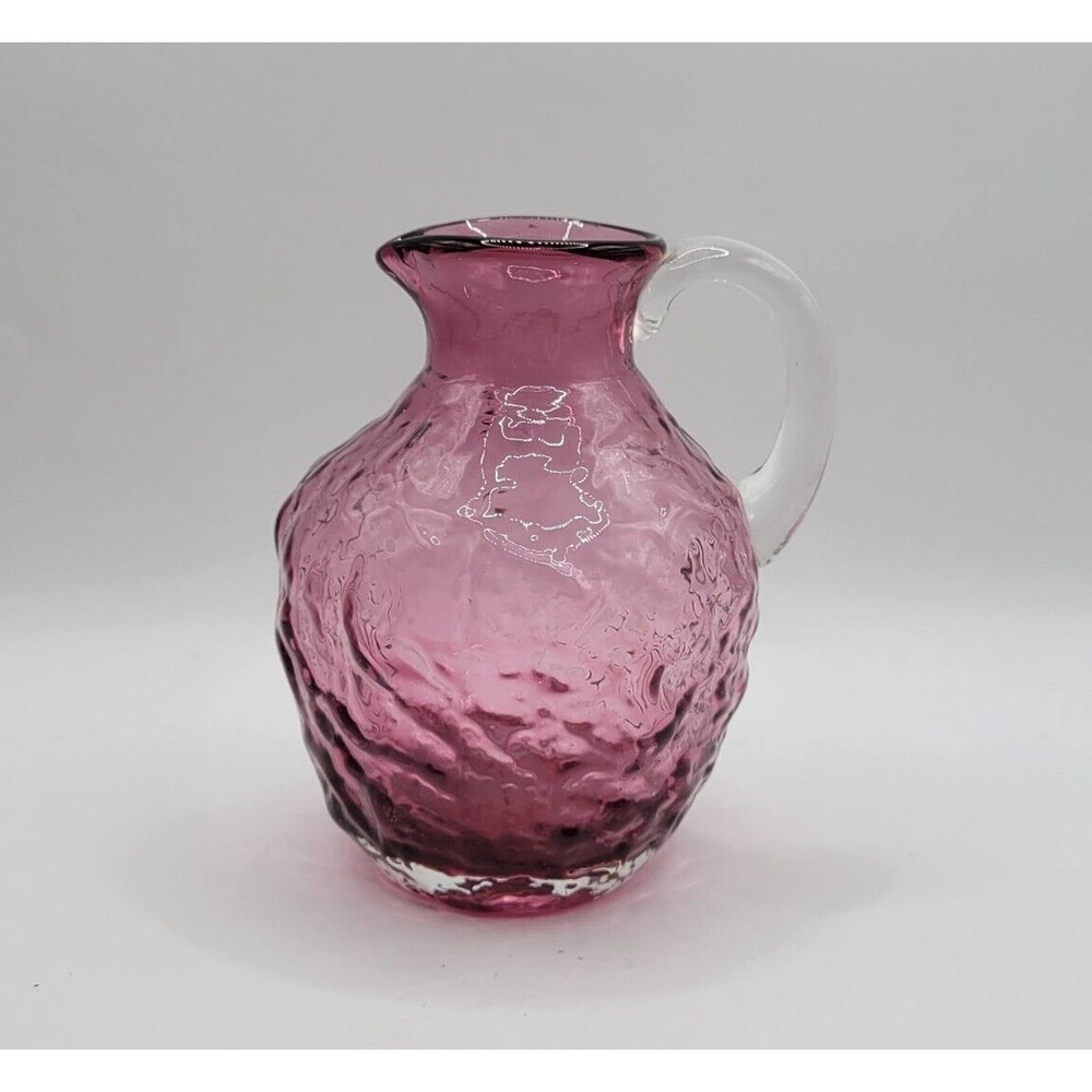 Vintage Pilgrim Hand Blown Cranberry Crinkle Glass Pitcher Creamer Vase